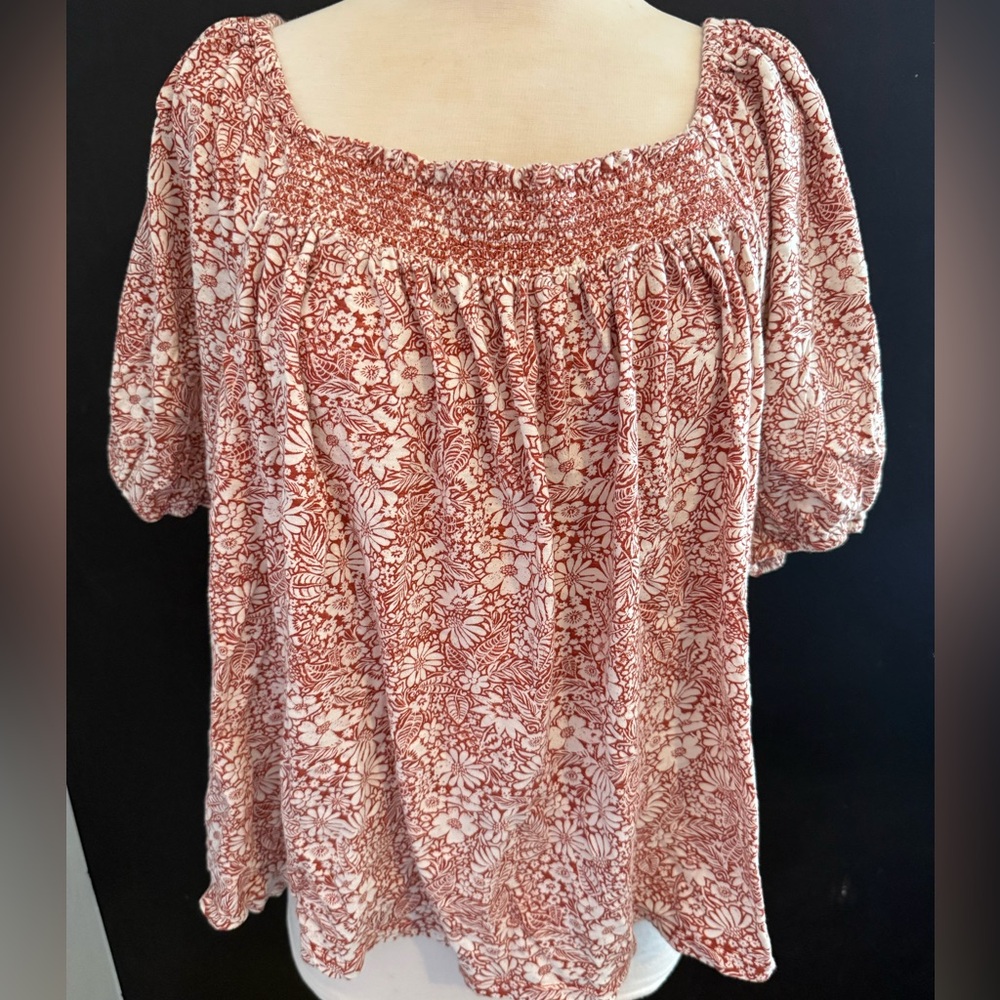 Wonderly Floral Puff Sleeve Blouse - Red and White Plus XXL